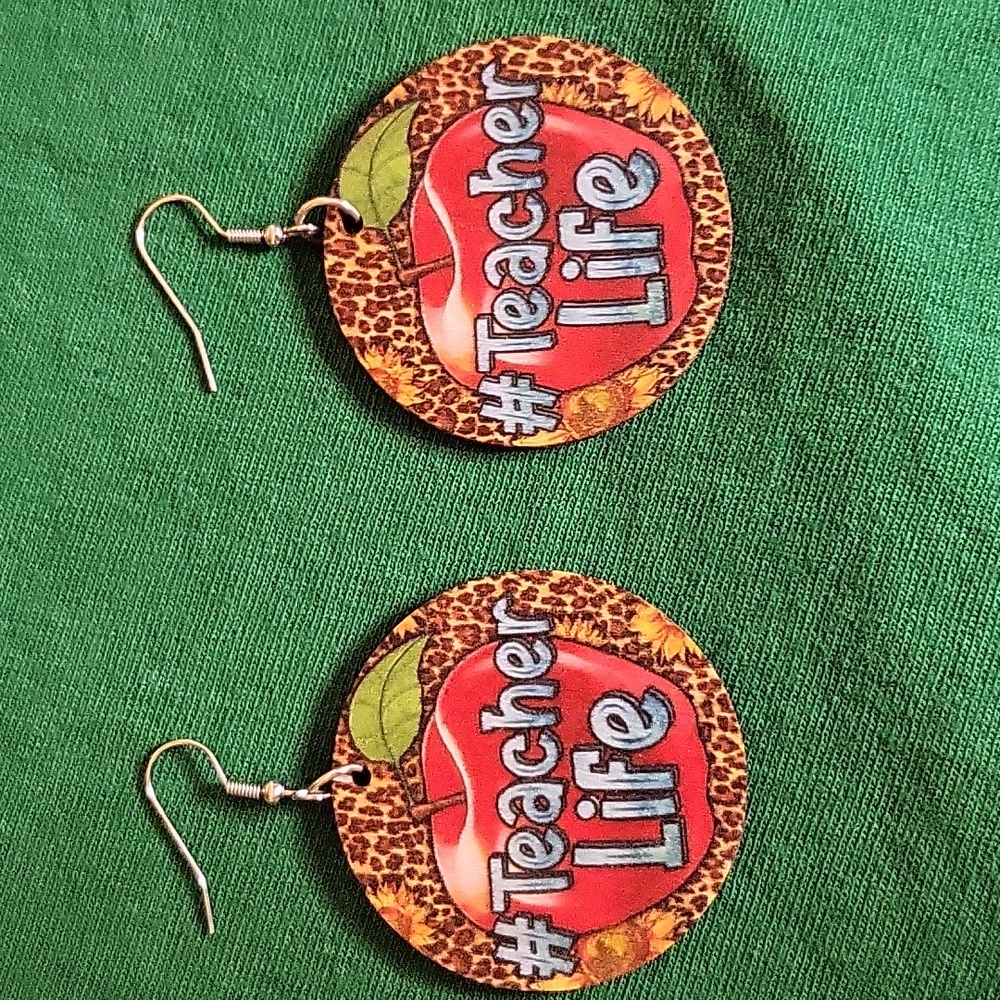 Wooden "Teacher Life" Pierced Earrings